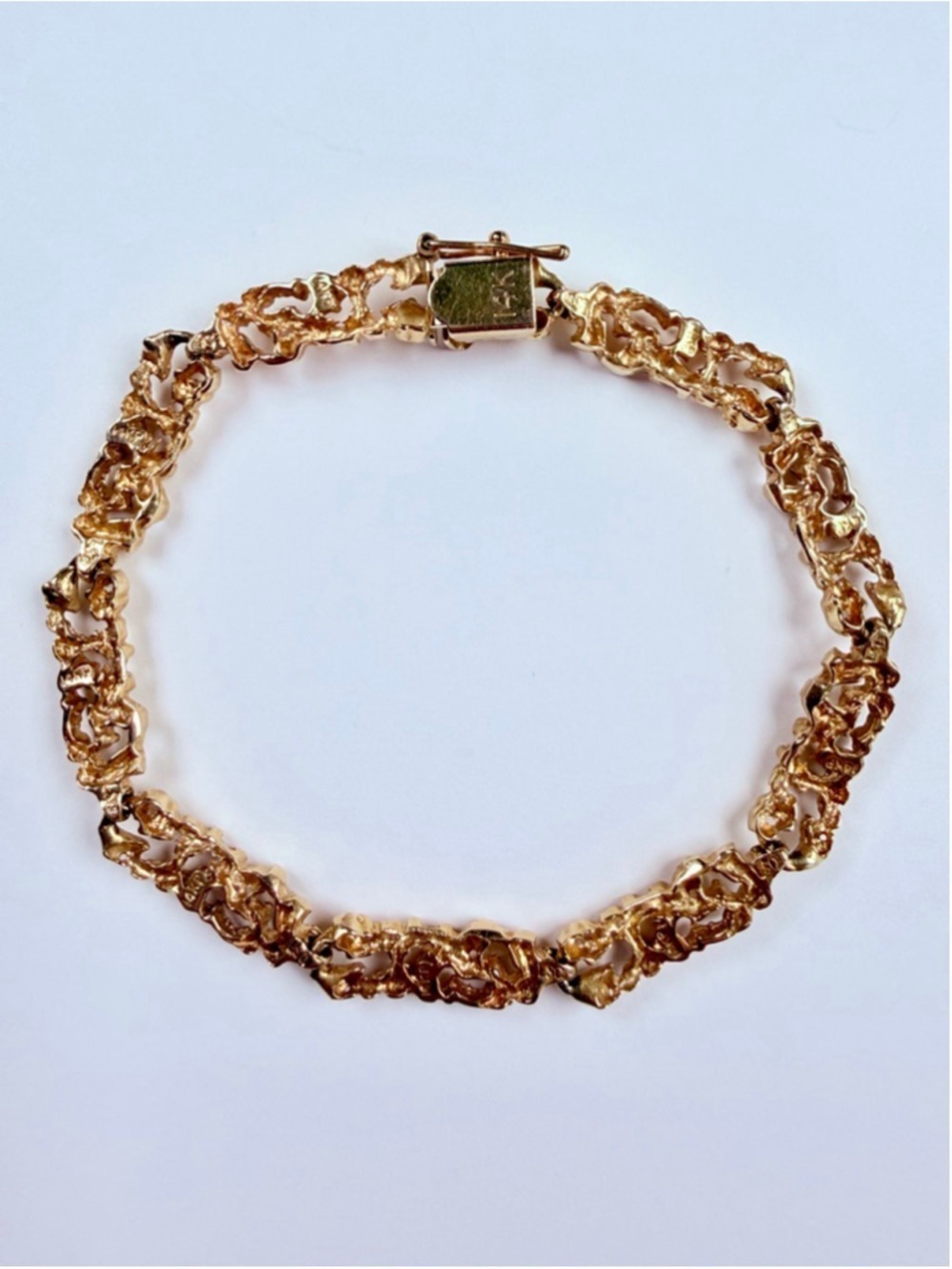 14K Solid Yellow Gold Open Link Panel Textured Nugget 5.5MM Vintage Bracelet - Picture 9 of 11